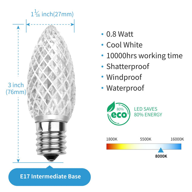 Meconard C9 Led Replacement Christmas Light Bulbs, C9 Shatterproof Led Bulbs for Christmas Indoor Outdoor String Lights, E17 Intermediate Base, Commercial Grade Holiday Bulbs, Cool White, 50Pack