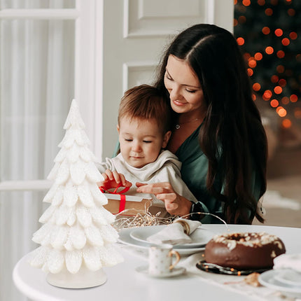 Bdor White Christmas Tree, 11inchs Table Top Christmas Trees, Exquisite Resin Christmas Ornaments with Lights & Snowflake, Christmas Decorations for Home/Room, for/Men/Women.