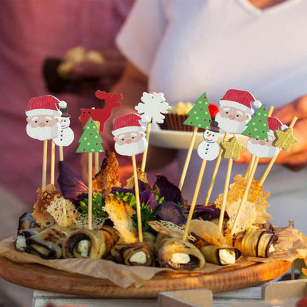 100 Pcs Christmas Cocktail Picks Santa Snowman Elk Xmas Tree Bamboo ToothPicks Appetizer Bamboo Toothpicks for Christmas Holiday Home Party Cake Food Decoration