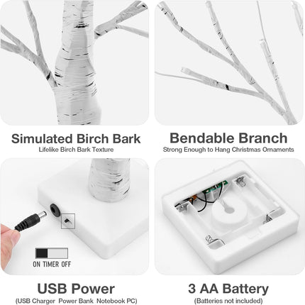 Jcocylse 22.8" Lighted Birch Tree for Christmas Decor, Artificial Christmas Tree with 24 LED Lights,Tabletop Tree Lamp with Lights for Christmas Decorations Indoor Home Bedroom Party