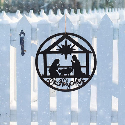 Large Christmas Oh Holy Night Wooden Sign 12.59'' x 12.59'' Cutout Rustic Farmhouse Nativity Manger Scene Photo Booth Prop Outdoor Indoor,Merry Christmas Wreath Party Supplies