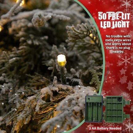 ASTRAEA Pre-Lit Snow Flocked Christmas Wreaths with Lights - 24 Inch Mixed Spruce Christmas Wreath w/ 50 Warm White LED Lights, Battery-Operated Xmas Wreath for Front Door Window Fireplace Decoration