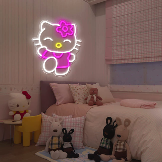 Hello Kit Neon Sign Dimmable Kitty Neon Sign Kawaii Cat Anime Neon Sign Kitty Room Decor Lights for Girl's Room Child Bedroom Birthday Halloween Christmas 14.7’’x12.5’’