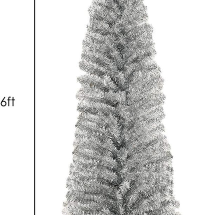 Artificial Pencil Christmas Tree, Electroplated Premium Slim Tree, Xmas Decor for Indoor and Outdoor, Suitable for Office, Store and Home (Silver, 6FT)