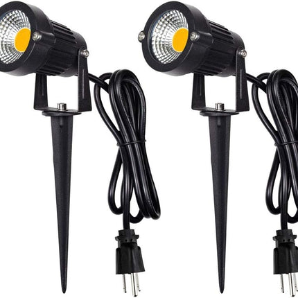 Outdoor Landscape LED Lighting 5W Waterproof Graden Lights COB Led Spotlights with Spiked Stand for Lawn Decorative Lamp US 3- Plug 3500K Warm White Lights (2 Packs)