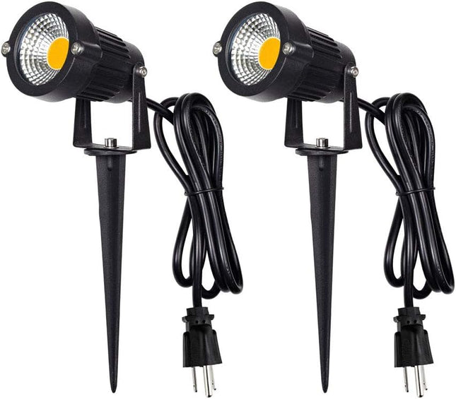 Outdoor Landscape LED Lighting 5W Waterproof Graden Lights COB Led Spotlights with Spiked Stand for Lawn Decorative Lamp US 3- Plug 3500K Warm White Lights (2 Packs)