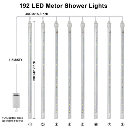 echosari Meteor Shower Lights Battery Powered, 12 Inch 8 Tube 192 LED Icicle Christmas Lights Outdoor, Waterproof Falling Rain Lights for Xmas Tree Holiday Party Patio Decor (Cool White)