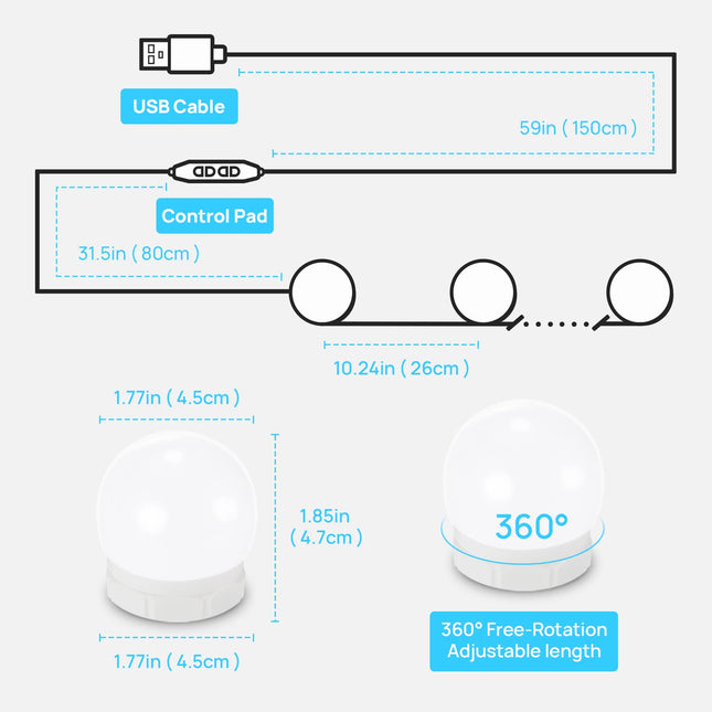 LED Vanity Lights For Mirror Consciot Hollywood Style Lights With 14 Dimmable Bulbs Adjustable Color & Brightness USB Cable Mirror Lights Stick on for Makeup Table Dressing Room Mirror,White
