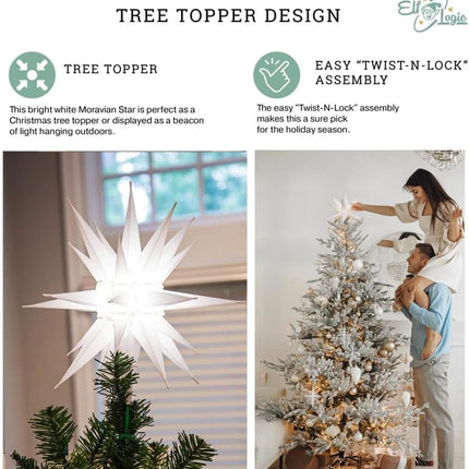 Elf Logic 14” Bright White LED Moravian Star Tree Topper - Hanging Outdoor/Indoor Christmas Tree Star Topper Light - Use as Holiday Decoration, Porch Light, Wedding and Ballroom Venue Decor