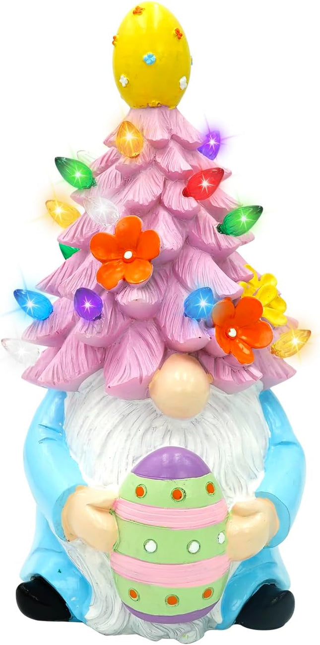 Large Easter Decorations Easter Gnome Lighted 10.23” Easter Gnomes Resin Lighted Up Tree with Multicolored LED Battery Operated for Tabletop Home Room Table Fireplace Office Easter Decor