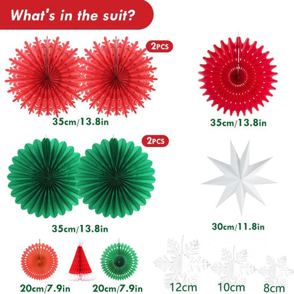 Christmas Party Decorations Red and Green Hanging Paper Fans Glitter Silver Snowflake Ornaments Nine-pointed Paper Star Lantern for Winter Christmas Birthday Wedding Year Party Decoration