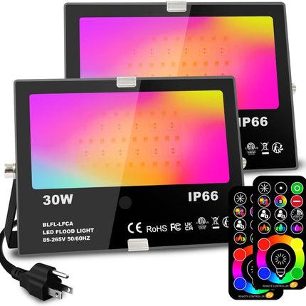 MELPO 30W Led Flood Light Outdoor 300W Equivalent, Color Changing RGB Lights with Remote, 120 RGB Colors, Warm White 2700K, Timing, Custom Mode, Uplight Landscape Lights,IP66 US 3-Plug (2 Pack)