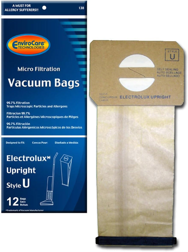 Envirocare Micro Filtration Vacuum Cleaner Dust Bags Made To Fit Electrolux Upright Style U And Proteam Prolux, Procare & Proforce Uprights 12 Pack