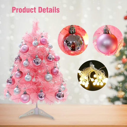 17inch Mini Small Pink Christmas Tree with 28pcs Christmas Ball Accessories, Artifical Desktop Simulation Tabletop Xmas Tree and Ornaments for Christmas Decoration Supplies(Pink)