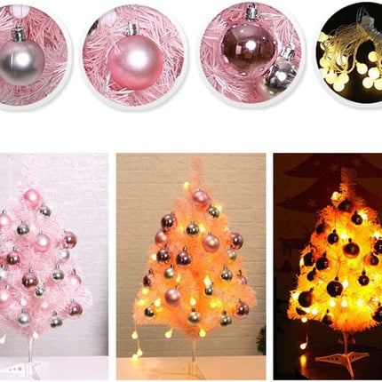 Mini Pink Christmas Tree 24 Inch/2 FT Tabletop Artificial Xmas Tree Small Christmas Tree with LED Lights and Balls Ornaments for Desktop Xmas Decor Home Office Party