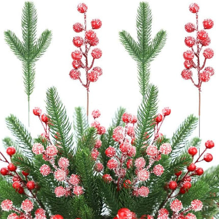 45 Pcs Artificial Pine Branches and 15 Fake Frosted Red Berry Stems, Christmas Picks and Sprays, Christmas Greenery Christmas Pine Needles for DIY Wreath Xmas Flower Arrangements Decoration