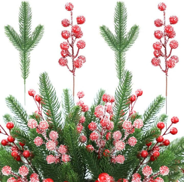 45 Pcs Artificial Pine Branches and 15 Fake Frosted Red Berry Stems, Christmas Picks and Sprays, Christmas Greenery Christmas Pine Needles for DIY Wreath Xmas Flower Arrangements Decoration