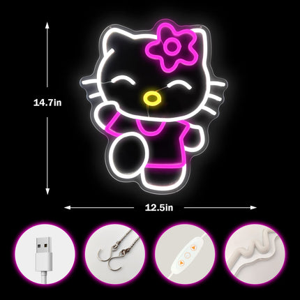 Hello Kit Neon Sign Dimmable Kitty Neon Sign Kawaii Cat Anime Neon Sign Kitty Room Decor Lights for Girl's Room Child Bedroom Birthday Halloween Christmas 14.7’’x12.5’’