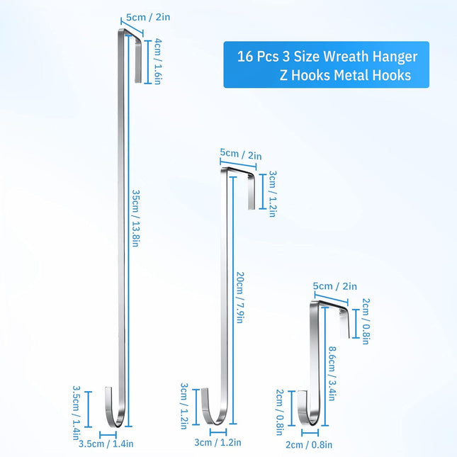 Hotop 16 Pieces Wreath Hanger Over Door Hooks Metal Z Hooks 3.4 Inch/ 7.9 Inch/ 13.8 Inch for Christmas Front Door Decorations, Hanging Coats Hats Robes Towels (Electroplated Silver)