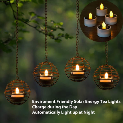 Solar Hanging Lanterns Outdoor Waterproof, Rust Iron Ball Candle Holder with Flickering Solar Powered Tea Lights, Perfect Chargeable Solar Lights for Backyard Patio Garden Fence Tree Decoration-4Pack