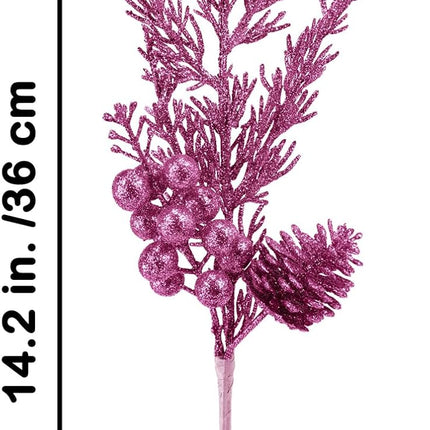 Winlyn 12 Pcs Christmas Artificial Pine Branches Pink Glittered Pine Needles with Pinecone and Berries Christmas Floral Picks 14.2" for Pink Christmas Tree Seasonal Wreath Swag Garland Wedding Bouquet