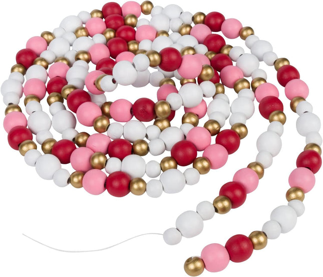 One Holiday Way 9-Foot Rustic Red, Pink, White and Gold Wood Bead Garland Christmas Tree Decoration - Decorative Vintage Wooden Beads for Everyday Chic Winter Valentines Farmhouse Xmas Home Decor