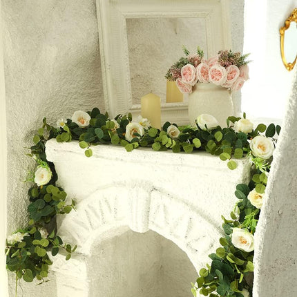 MISSPIN White 6.6 Feet Eucalyptus Garland with Flowers, 16 Lovely Flowers, Artificial Eucalyptus and Rose Garland Decor, Floral Garland Greenery Garland for Wedding Table Decor