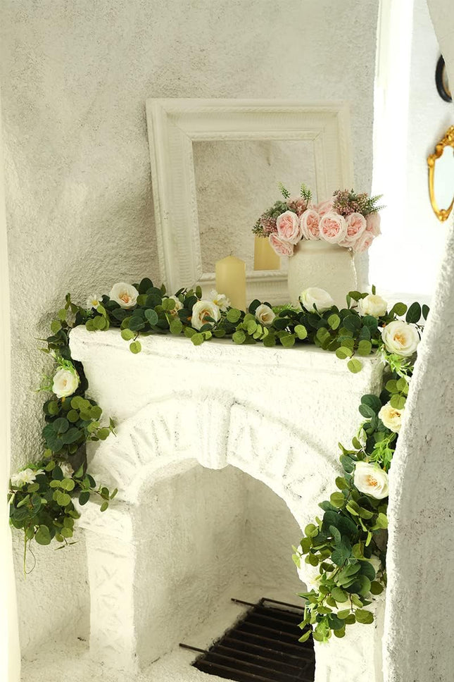 MISSPIN White 6.6 Feet Eucalyptus Garland with Flowers, 16 Lovely Flowers, Artificial Eucalyptus and Rose Garland Decor, Floral Garland Greenery Garland for Wedding Table Decor