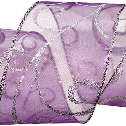 Morex Ribbon 7416.60/50-610 Swirl 2.5" X 50 YD Nylon Sheer Curling Wired Glitter Ribbon, Purple/Silver, Holiday Ribbons for Crafts and Christmas Decorations, Indoor Christmas Ribbon for Wrapping