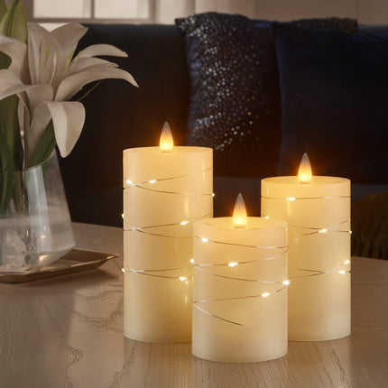 Wax Flameless Pillar Candles Flickering with String Lights, 3D Moving Flame Candles with Remote Timer, Set of 3, 3 x 4, 5, 6 Inches, Remote Included (Ivory)