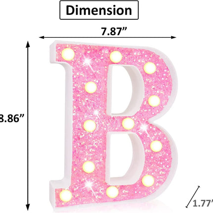 Pink Light Up Letters, Glitter Alphabet Letter Sign Pink LED Marquee Letter Lights Battery Powered for Night Light Girls Bedroom Birthday Party Wedding Home Christmas Decorations for Her-Pink B