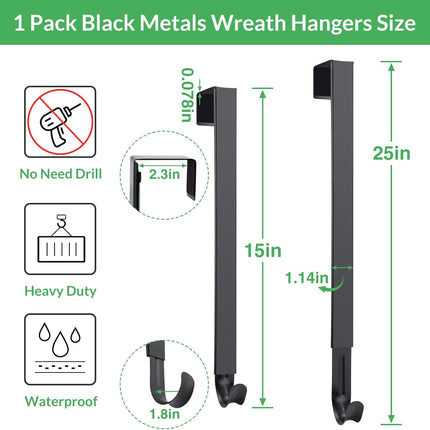 WISYOK Wreath Hangers for Front Door, Extra Long Door Hanger Hook Adjustable from 15 to 25 Inches, Black Metal Hook Over The Door for Christmas Halloween Autumn Decor