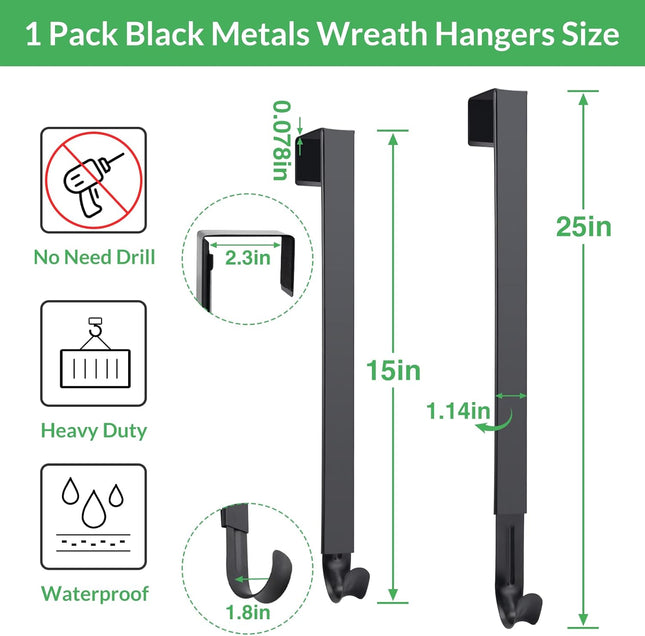 WISYOK Wreath Hangers for Front Door, Extra Long Door Hanger Hook Adjustable from 15 to 25 Inches, Black Metal Hook Over The Door for Christmas Halloween Autumn Decor