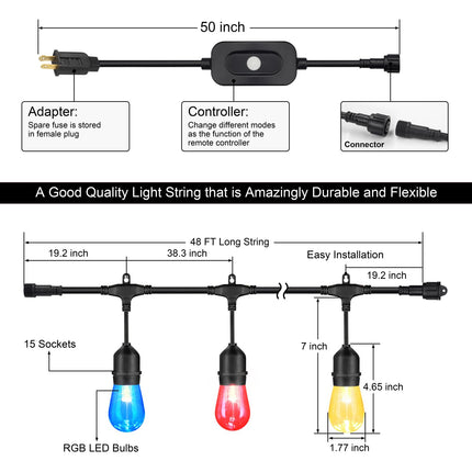 Mlambert 48FT Outdoor Patio Lights Waterproof Dimmable with Remote, RGB Cafe LED String Light with 15 Shatterproof Bulbs for Bistro Party-Black 1 Pack