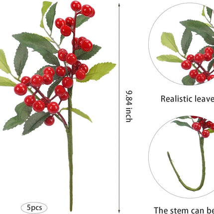 8 Pcs Christmas Sprigs Red Berry Picks with Gold Glitter Pine Branch 9.8" Faux Fake Holly Berries Stems for Tree DIY Craft Garland Home Decor