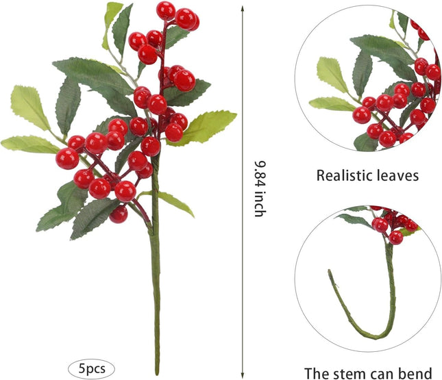 8 Pcs Christmas Sprigs Red Berry Picks with Gold Glitter Pine Branch 9.8" Faux Fake Holly Berries Stems for Tree DIY Craft Garland Home Decor