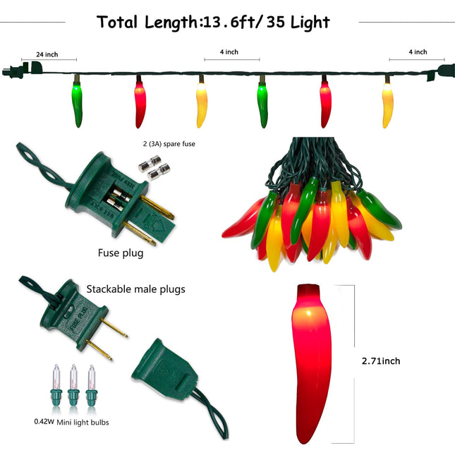 13.6FT Chili Pepper Lights Lights with 37 Mini Triplecolor Chili Lights(2 Spare),Outdoor Christmas Incandescent Pepper Lights for Indoor Outside Garden Patio Mexican Xmas Day Decor Parties