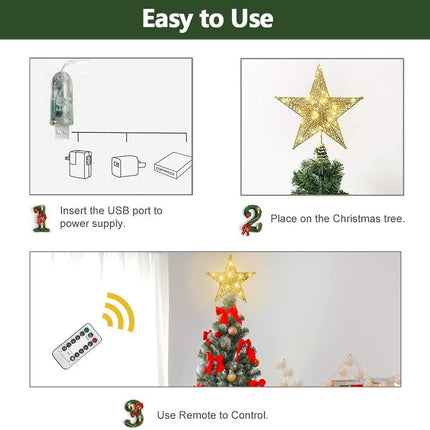 Raxurt Christmas Tree Topper, 40 LED 11 Inches USB Lighted Star Tree Topper with Remote Control Decorations for Indoor Home Decor, Gold/Large
