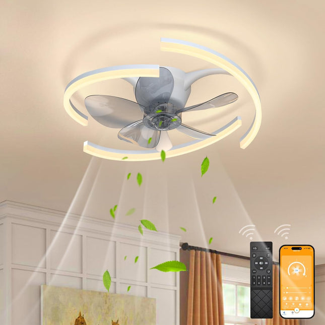 20 Ceiling Fans With Lights App Remote Control, Low Profile Modern Flush Mount Ceiling Fan, Stepless Dimmable 3 Colors And 6