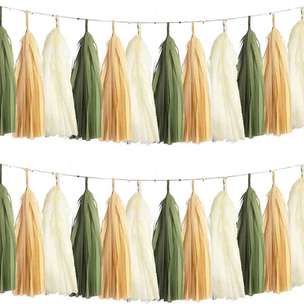 We Moment Sage Green Tissue Tassel Garland for Neutral Baby Shower Sage Green Party Nursery Classroom Decorations，DIY Kits,15PCS（Sage Green，Cream，Khaki）