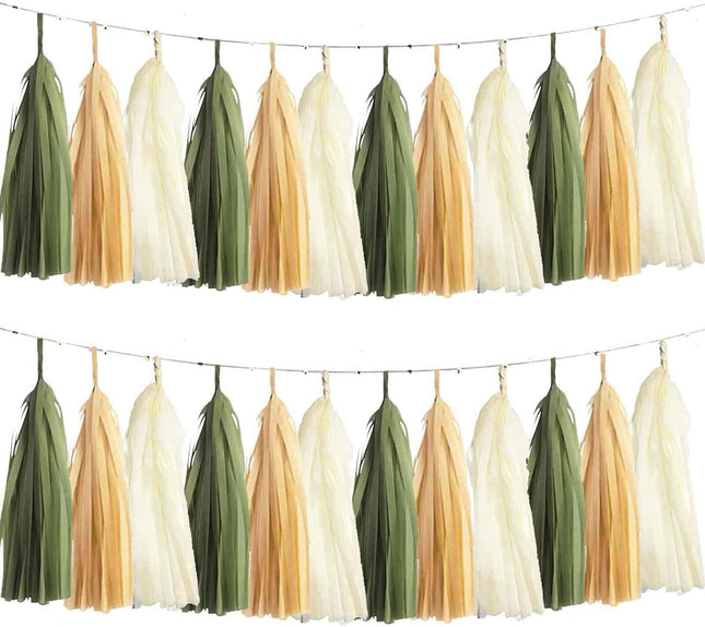 We Moment Sage Green Tissue Tassel Garland for Neutral Baby Shower Sage Green Party Nursery Classroom Decorations，DIY Kits,15PCS（Sage Green，Cream，Khaki）