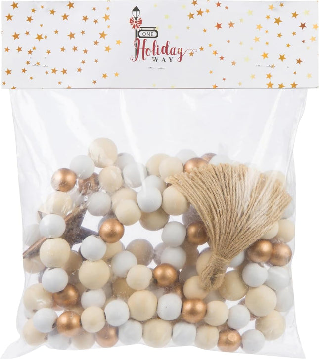 One Holiday Way 9-Foot Rustic White, Gold and Unfinished Wood Bead Garland Christmas Tree Decoration - Decorative Vintage Wooden Beads for Everyday Chic Wedding Country Farmhouse Elegant Home Decor