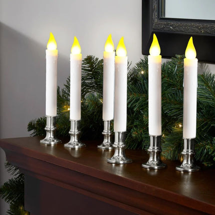 Christmas Window Candles - 9.3in Flameless Taper Candles with Suction Cups Flickering Timer for Halloween Christmas Wedding Home Decor Candlesticks Fireplace (6pcs-Silvery)