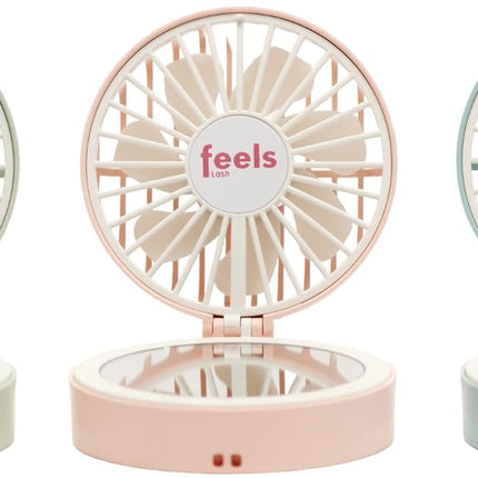 Compact Mini Fan Mirror Handheld Portable Usb Rechargeable Adjustable Speed Fan For Eyelash Extensions Makeup Travel Powder Pink