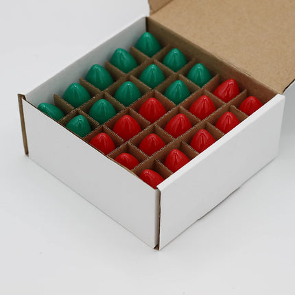 Creative Hobbies Box of 25 Light Bulbs Ceramic Opaque Red & Green Steady Burning, 7 Watt, C7 Candelabra Base Night Lights, Decorative Lights, Christmas Strings