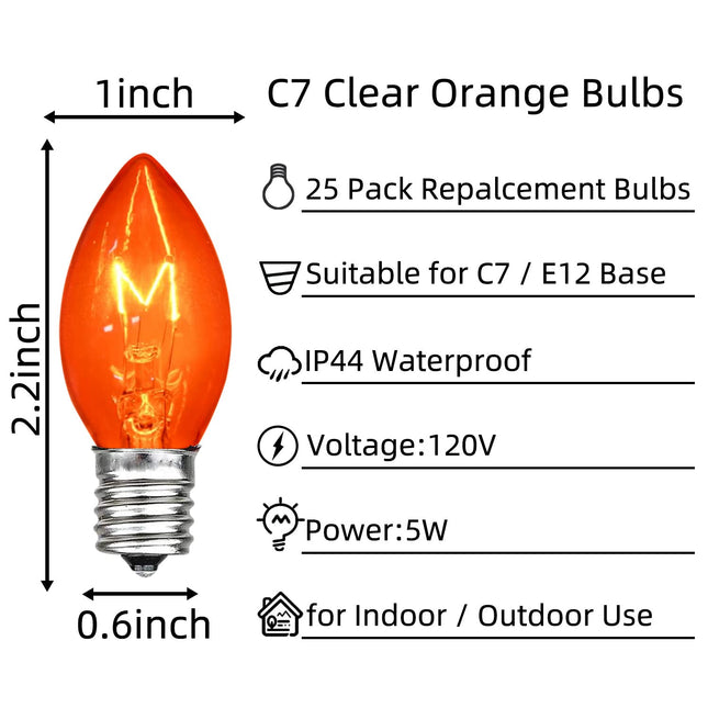 25 Pack Christmas String Light Bulbs, C7 Clear Orange Light Replacement Bulbs for Christmas Lights Indoor, Orange Light Bulb fits E12 Base, 5W Incandescent Bulbs for Christmas Decorations Outdoor