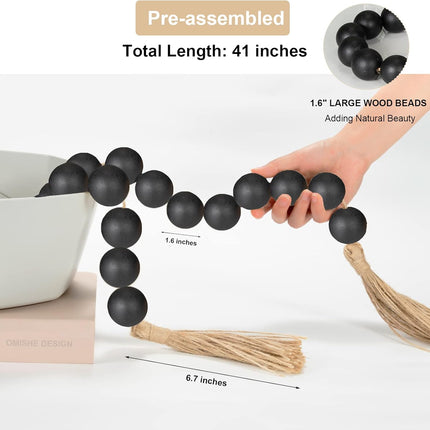 OMISHE Large Wood Bead Garland Black with 1.6" Diameter Wooden Beads and Tassels, 41" Long Rustic Farmhouse Country Wood Beads Garland for Home Tiered Tray Decor, Decorative Beads Garland Black