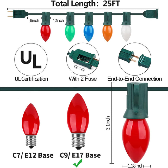 C9 Multicolor Christmas Lights - Waterproof Outdoor and Indoor Christmas Tree Lights UL with 25 Lights with 1 Extra Bulb, E17 Base, Green Wire for Christmas Decoration