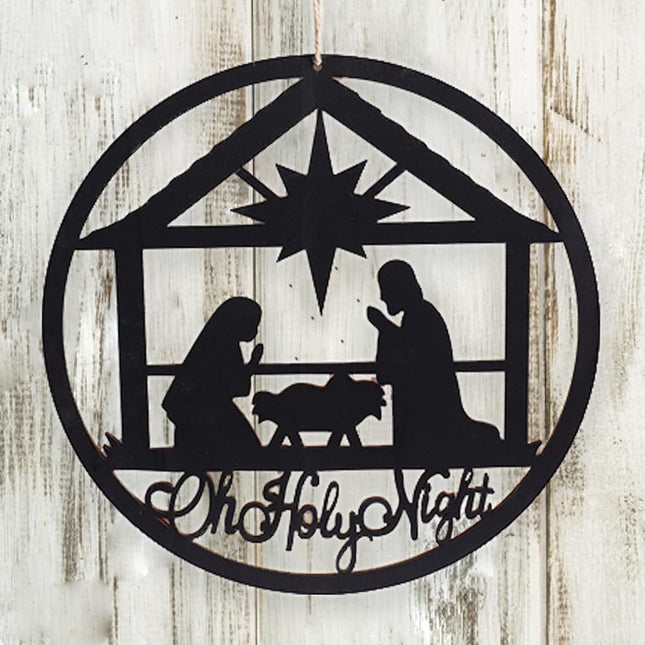 Large Christmas Oh Holy Night Wooden Sign 12.59'' x 12.59'' Cutout Rustic Farmhouse Nativity Manger Scene Photo Booth Prop Outdoor Indoor,Merry Christmas Wreath Party Supplies