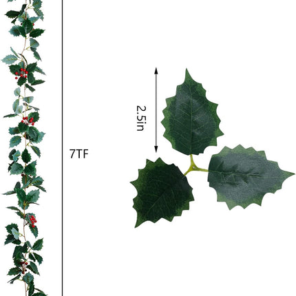 jiebor Christmas Garland Red Berry Green Leaf Garland Artificial Holly Leaves Garland for Christmas Tree Mantle Fireplace Winter Holiday Home Outdoor Indoor Front Door Window Wall Decorations 5.7Ft